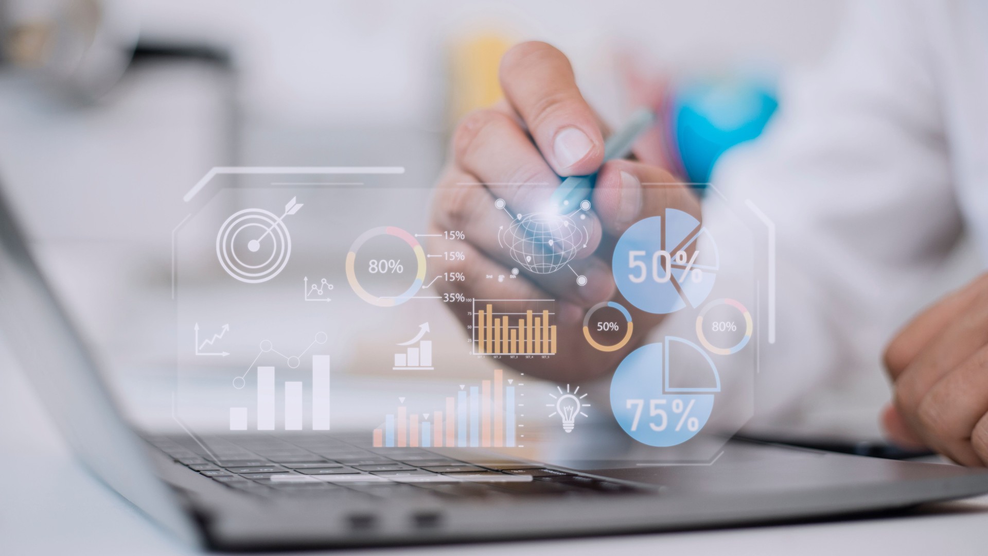 Análisis de datos, inteligencia empresarial (BI), análisis de negocios (BA) con indicadores clave de rendimiento (KPI) concepto de tablero con gráficos financieros e informe de mercado
