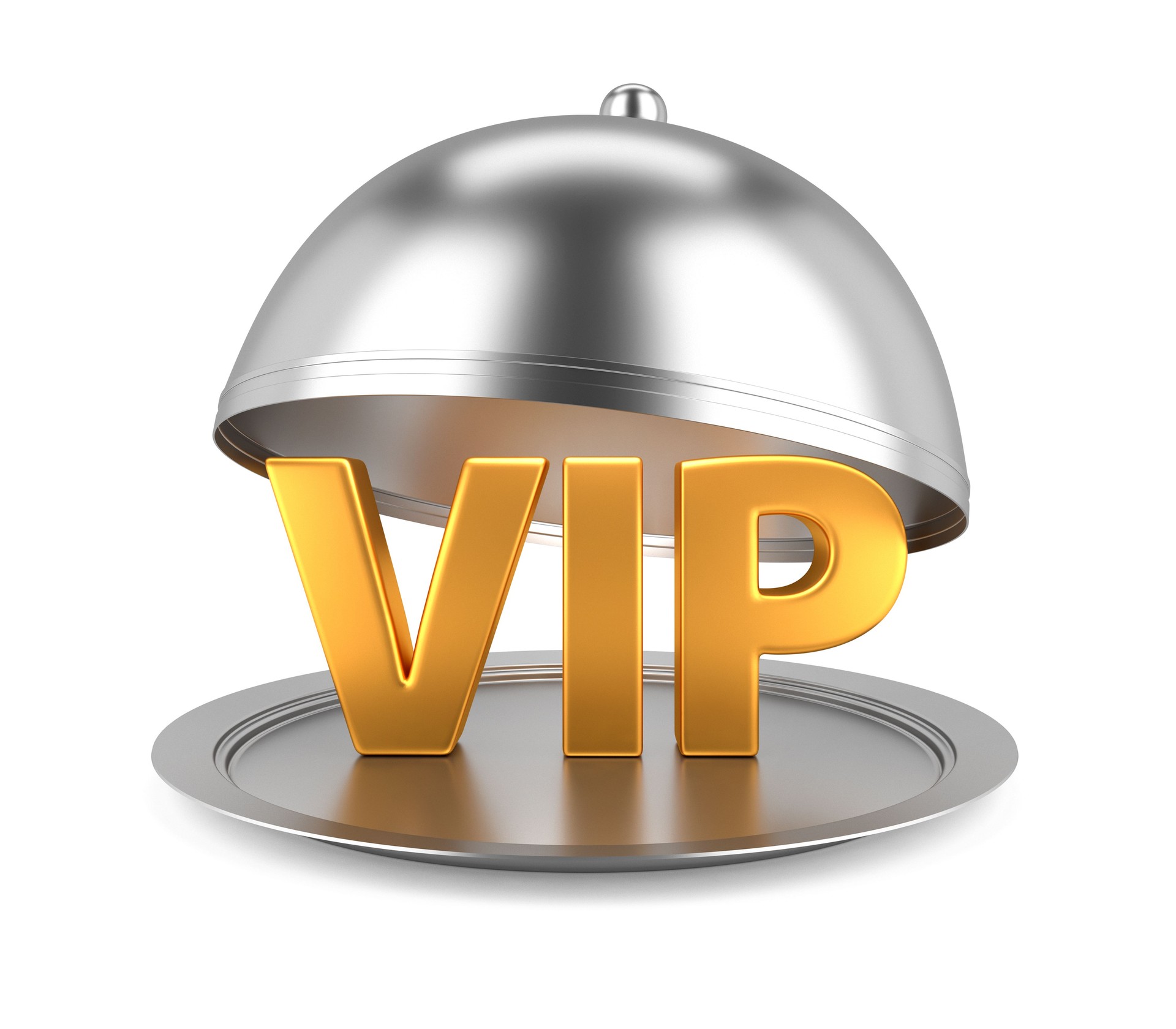 VIP oro en el cloche del restaurante con la tapa abierta. Ilustración 3D